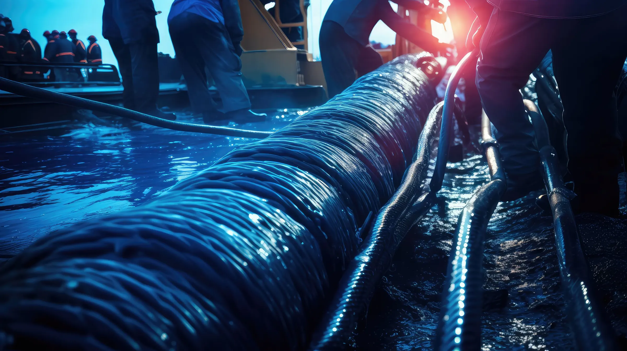 Large submarine cable deployment during a marine installation process.