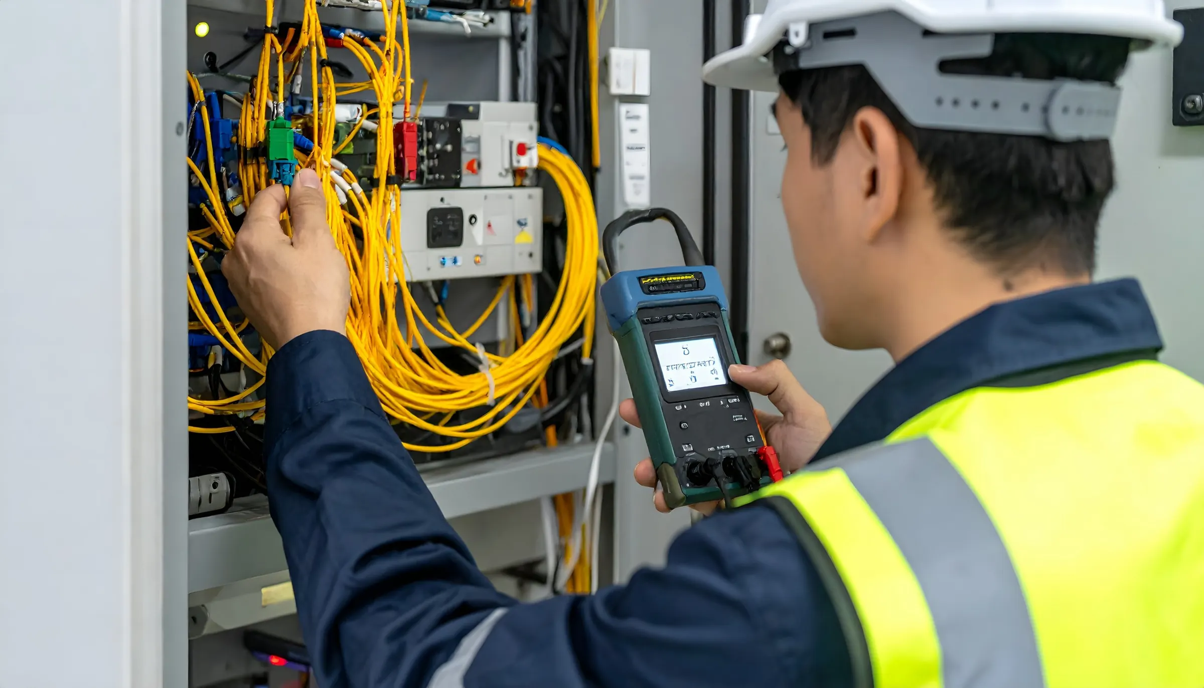 Field engineer working on fiber optic patch cords with a test meter